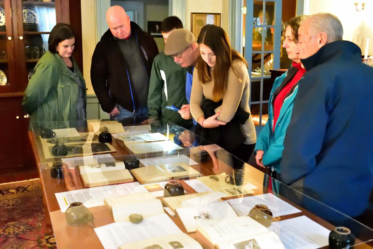 A book exhibit showing several nineteenth century books that mention The Marshall House as an early landmark of the American Revolution.