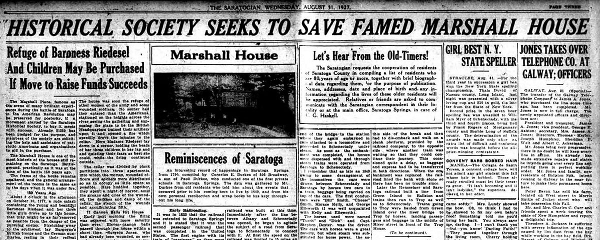 'Historical Society Seeks Purchase The Marshall House', in a story published by The Saratogian, August 31st, 1927