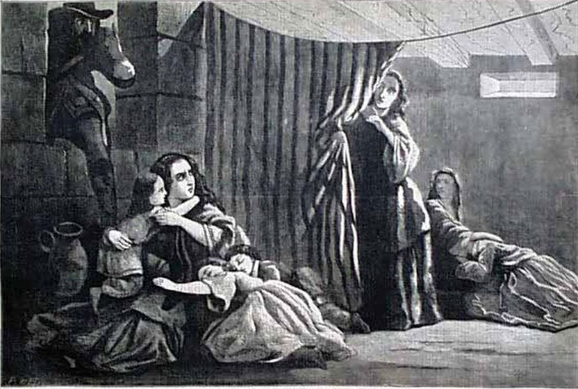 Baroness Riedesel sheltering with her children as imagined by Harper's Weekly in 1857